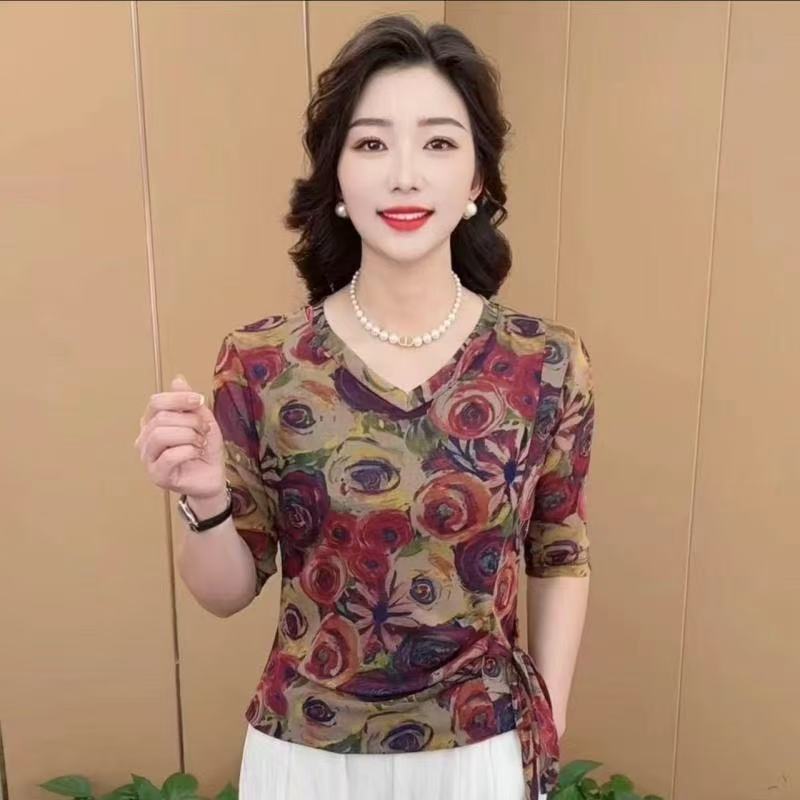 早秋新款时尚V领收腰系带设计妈妈装休闲气质百搭女士打底衫K1316