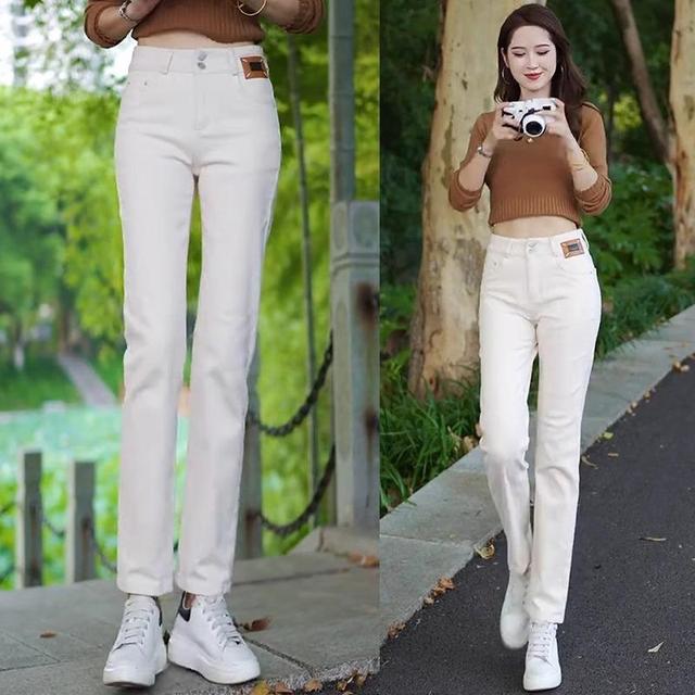 兰月鸟女裤春秋新款直筒烟管裤高腰弹力休闲百搭棉质加绒软牛仔裤