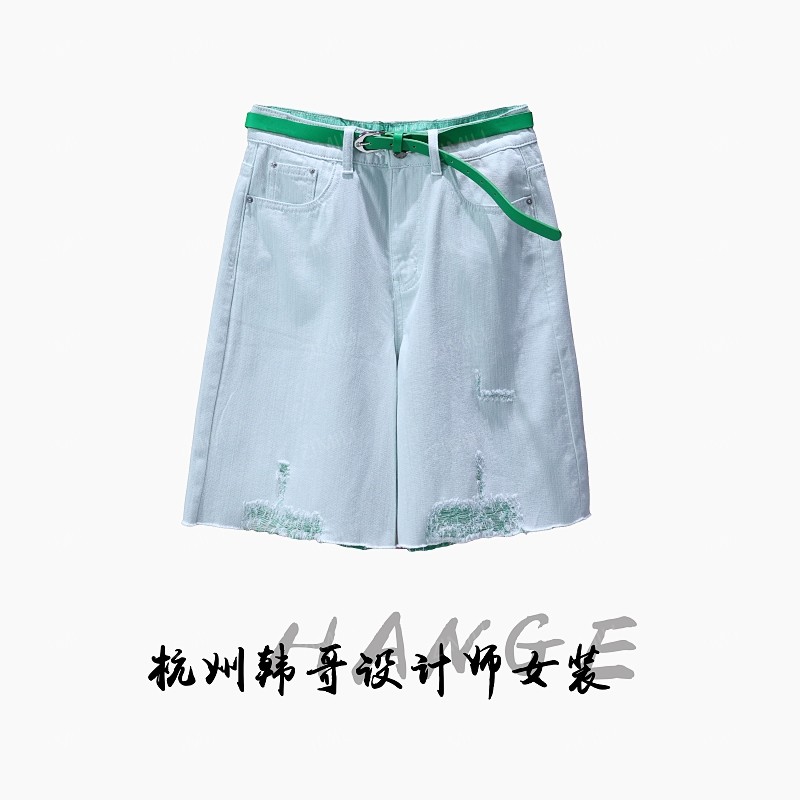 【韩哥女装】2025欧版时尚云峰白毛边磨破高腰A字牛仔短裤8956-H8