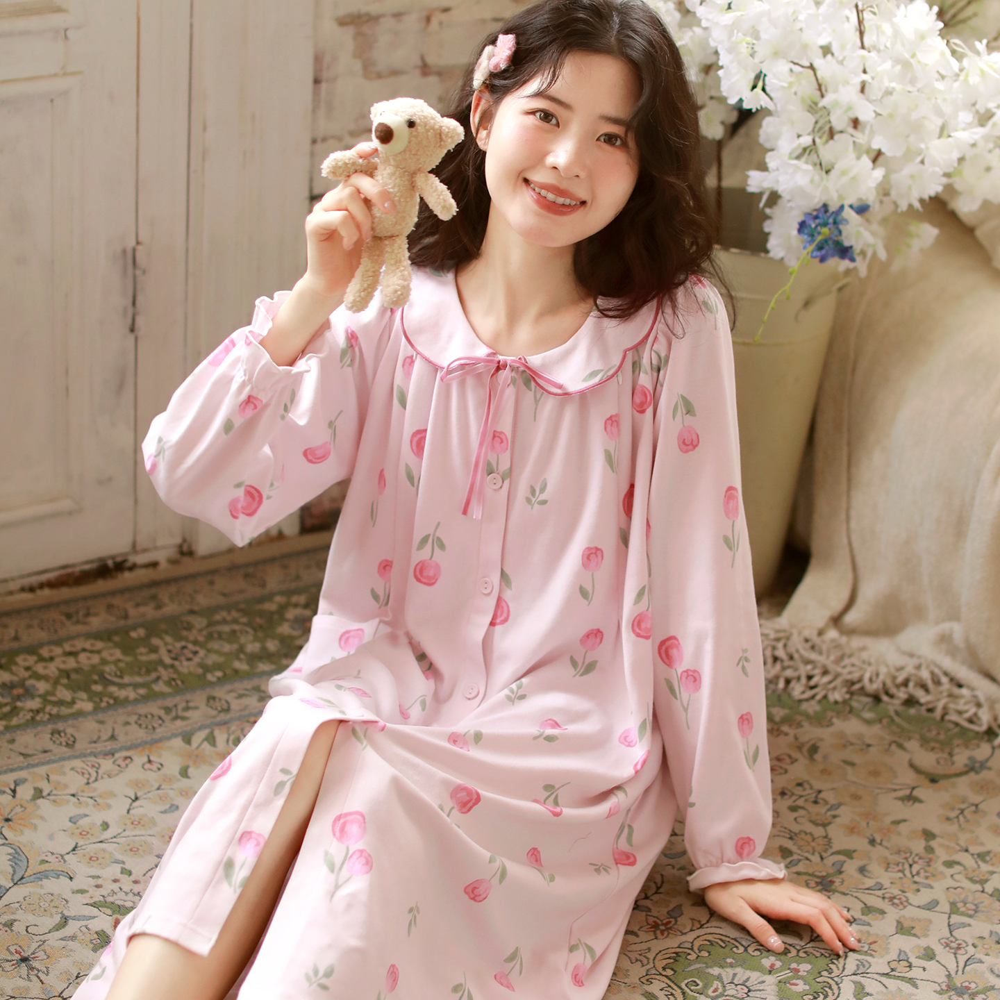 『满印郁金香』富朵春秋月子裙针织棉产后哺乳裙孕妇医院待产家居裙