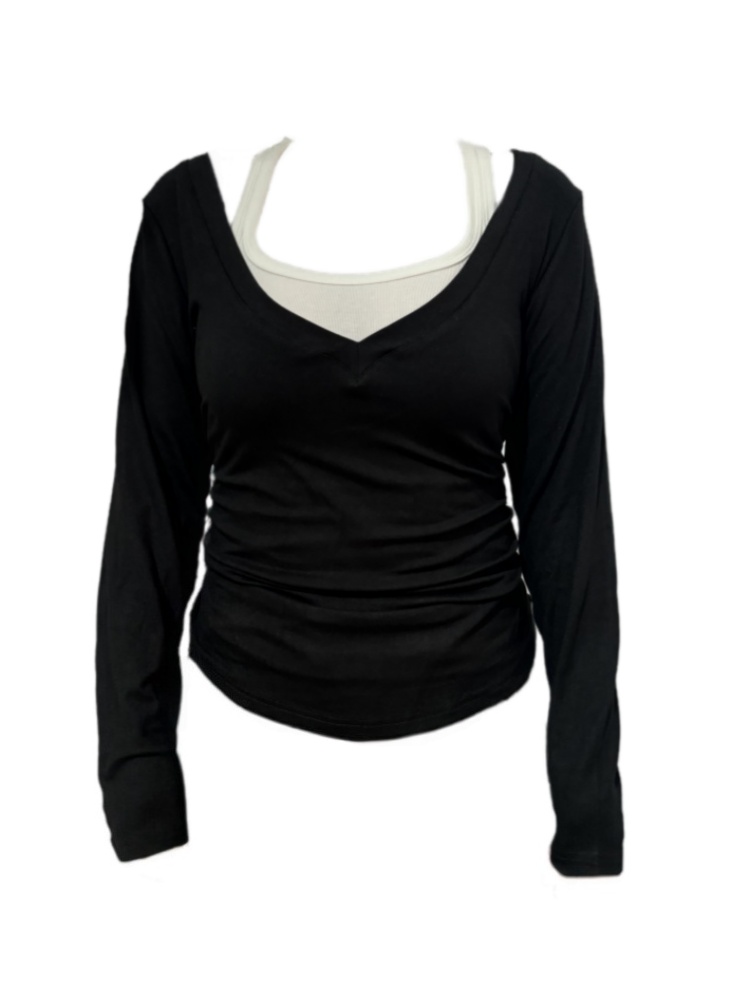 【Amy家】260克纯欲慵懒风叠穿罩衫T恤女女收腰显瘦绑带假两件上衣