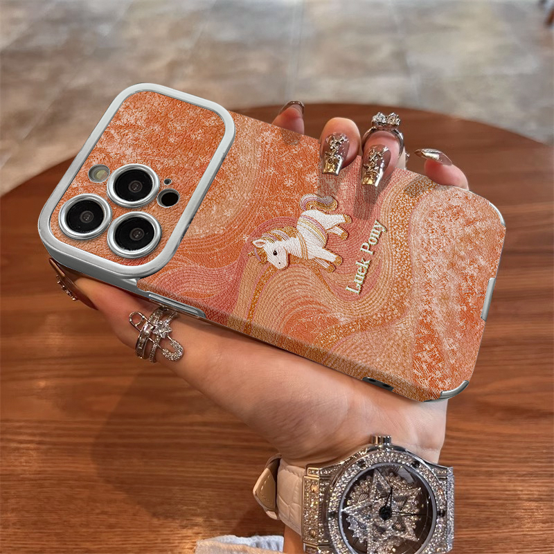 油画小马适用苹果17配件VIVO华为OPPO小米iPhone16视窗贴皮手机壳