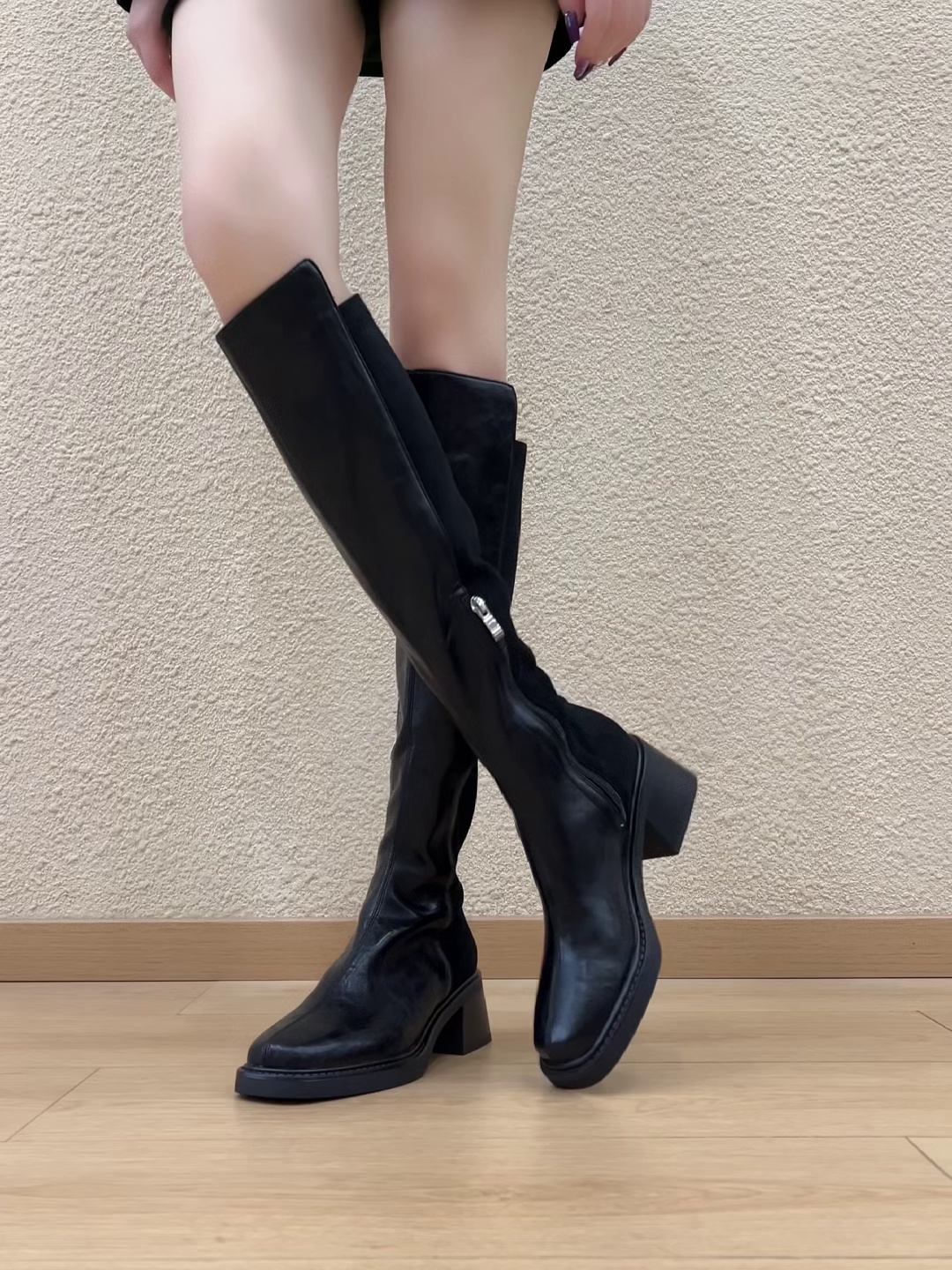 升级版~2025秋冬新款英伦风方头粗跟侧拉链骑士靴气质过膝长筒靴