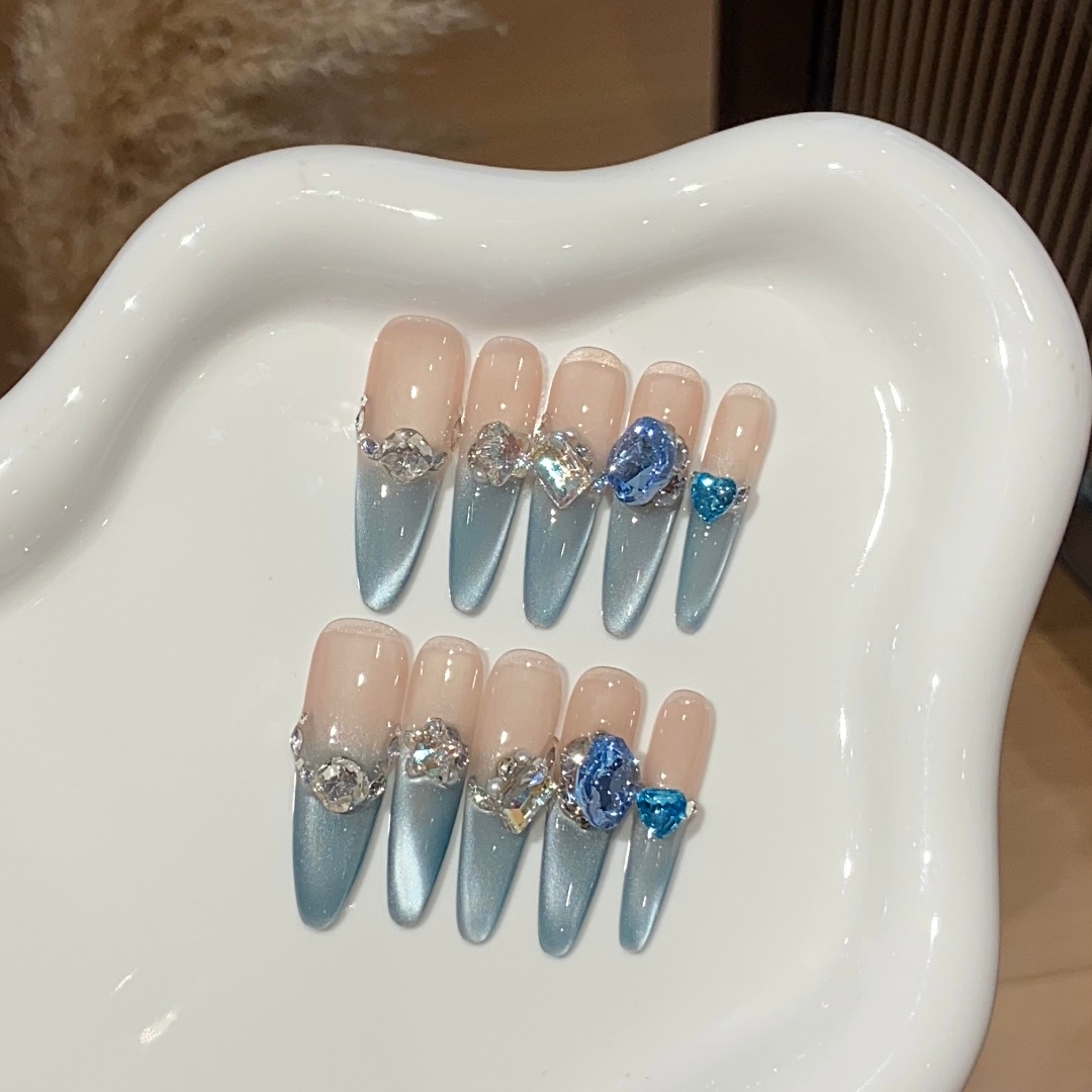 【蓝色多瑙河】蓝色法式纯手工穿戴显白爆闪温柔猫眼清透氛围感高级