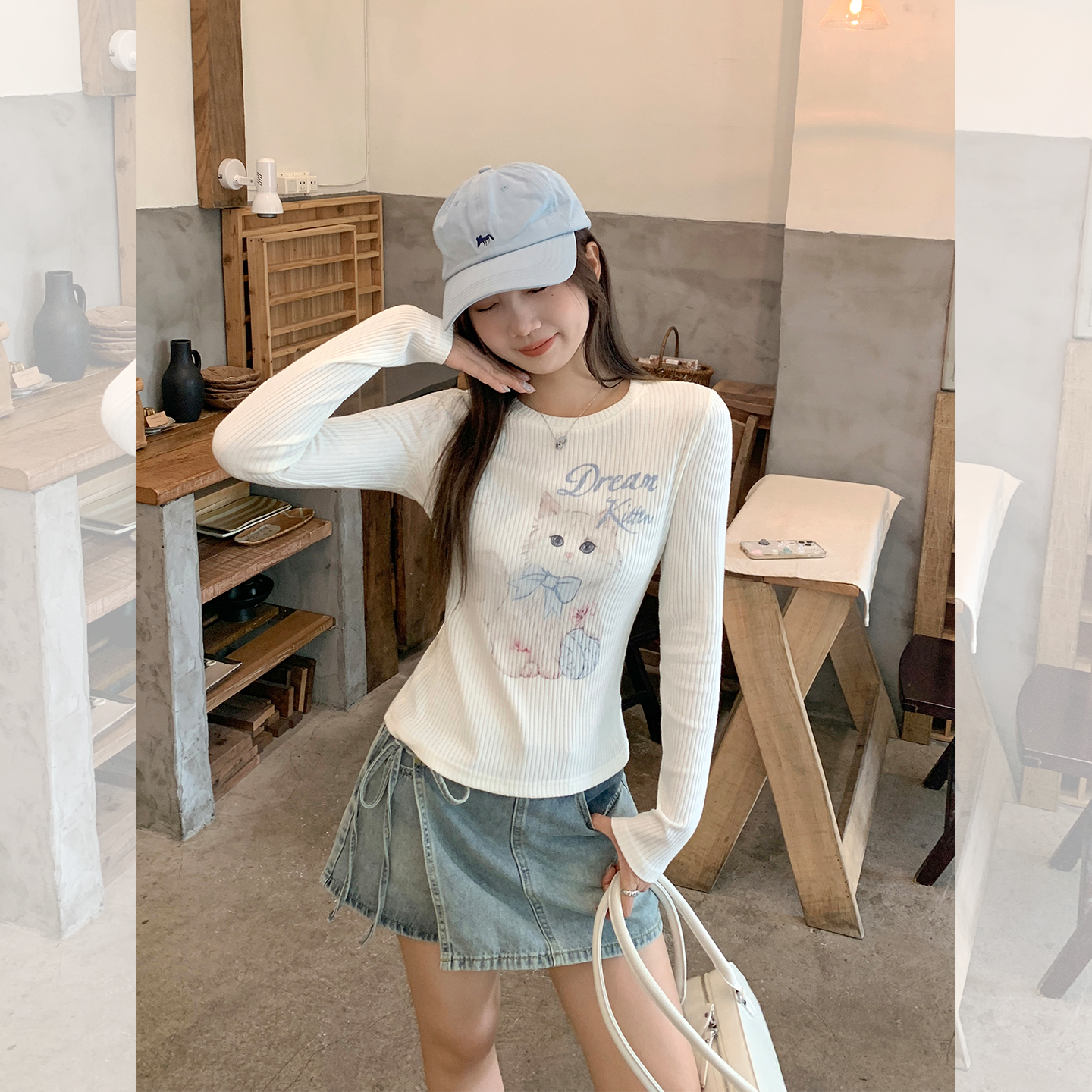 甜辣妹可爱小猫卡通印花T恤女2025早秋新款设计感百搭针织小上衣