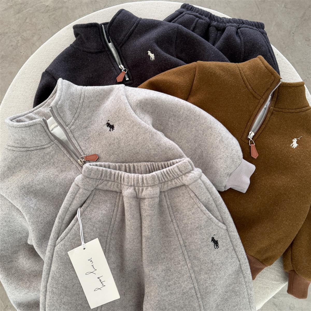 儿童加绒套装2025秋冬男童潮牌加厚刺绣卫衣宝宝小童保暖两件套