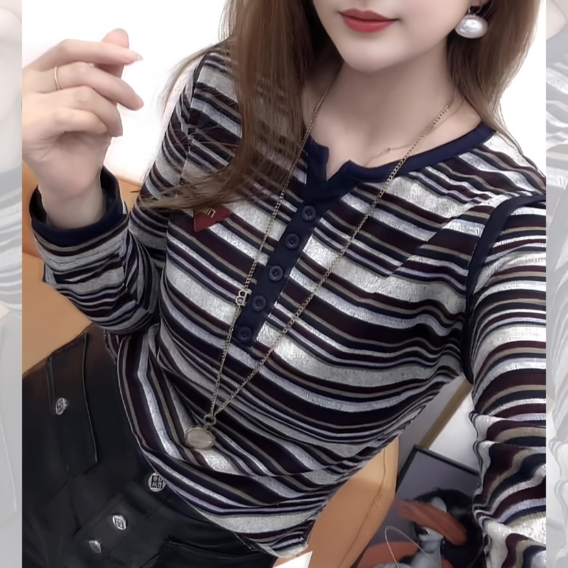 韩系简约风复古撞色条纹长袖T恤女2025春秋新款休闲百搭显瘦上衣