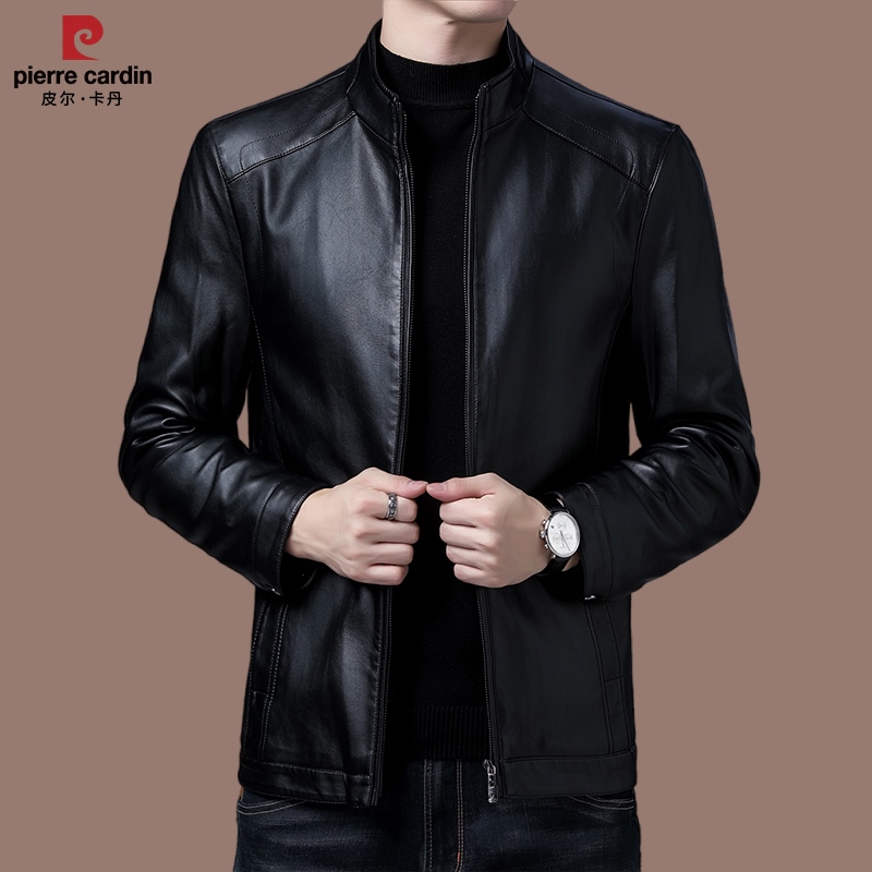 【皮尔卡丹】春秋季男士高档休闲商务皮衣纯色百搭中年保暖立领夹克