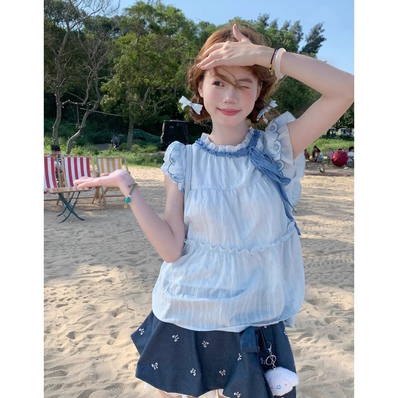 【蓝贝眠眠】巨好看的夏装一整套刺绣贝壳蓝色时尚套装半身裙两件套