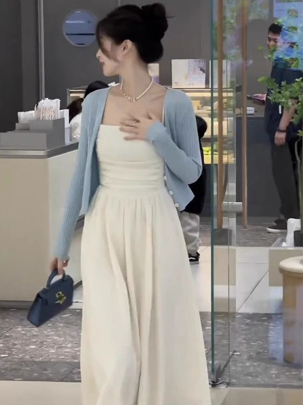 短款蓝色针织防晒开衫薄款女2025夏季吊带裙外搭薄纱外套空调披肩