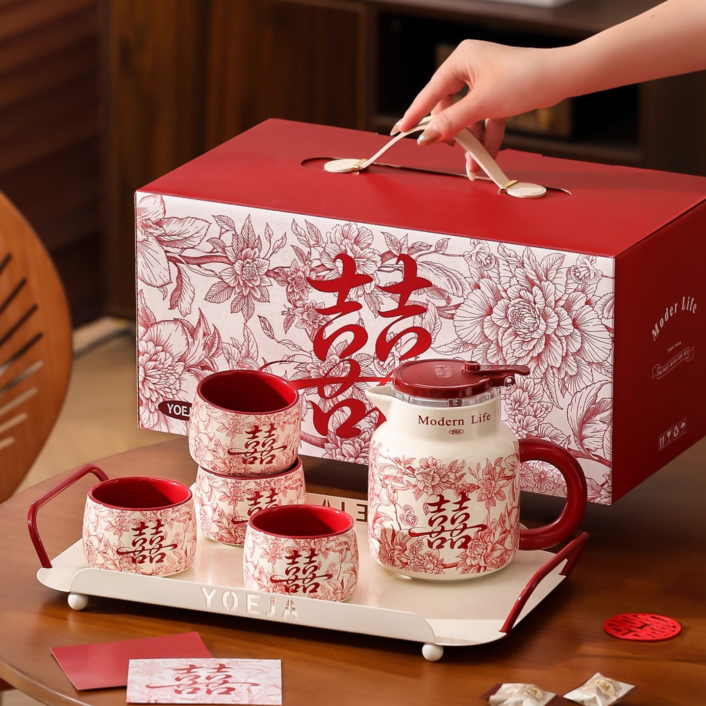 漫时光法式花囍茶具套装礼盒装轻奢高级感陶瓷水杯送闺蜜新婚礼物