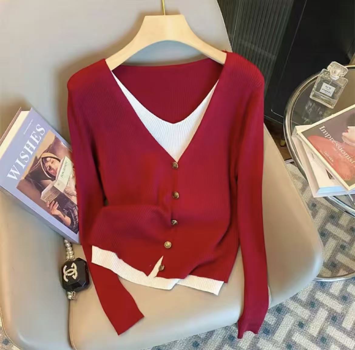 【80-160斤】高版本纽扣假两件开衫拼接时尚显瘦大码长袖针织衫女