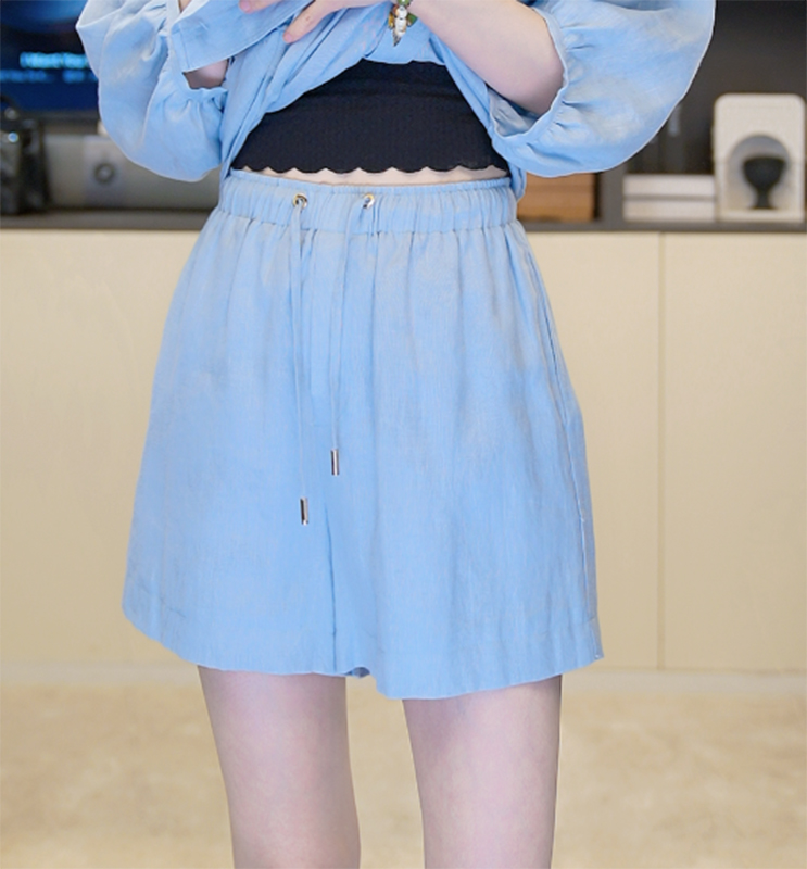 小乖逃单蓝色短裤 亚麻短裤宽松高腰花边设计女士百搭240355