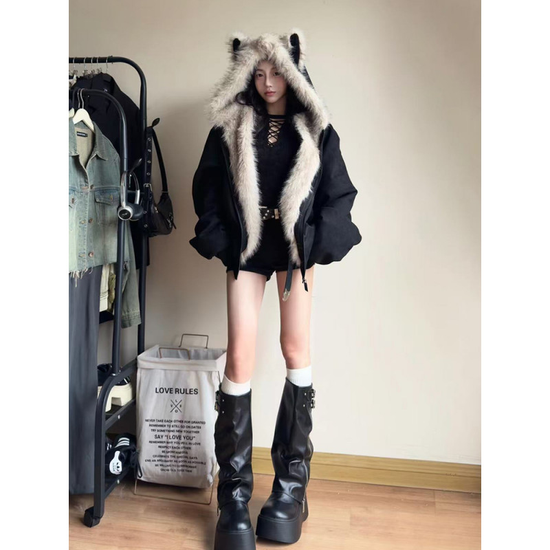 座山雕毛茸茸猫耳朵毛领棉服外套男女美式cleanfit冬季情侣装棉衣