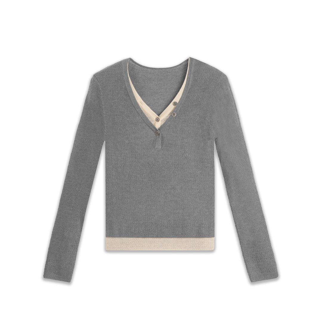 【MonTendre】秋季新款 C 时尚显瘦V领撞色假两件设计百搭针织衫