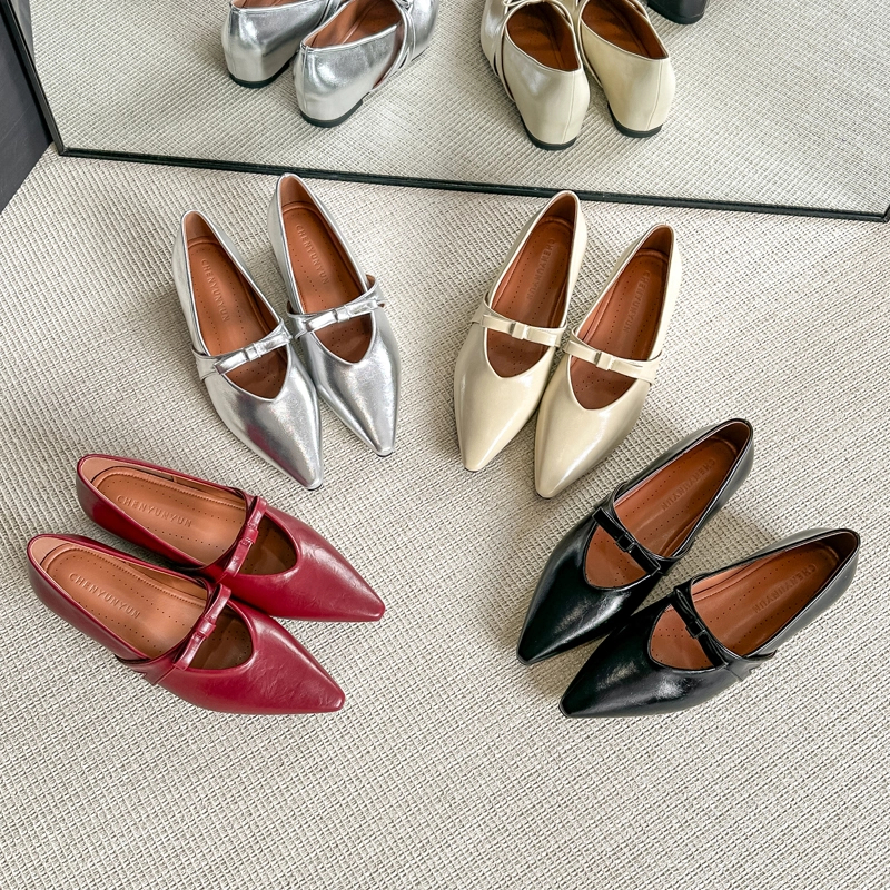 法式浅口红色平底鞋一字蝴蝶结尖头鞋子内增高休闲单鞋女2025新款