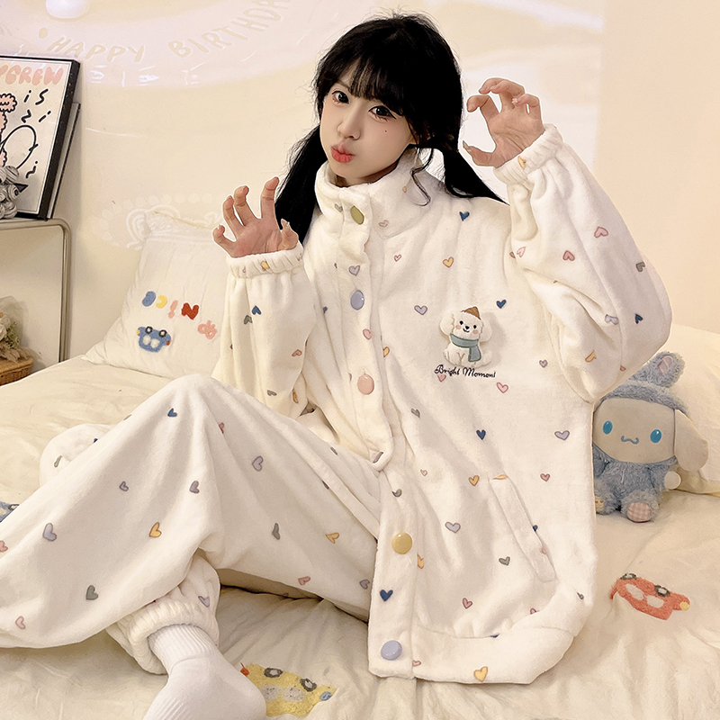 睡衣女款秋冬季甜美翻领加厚加绒法兰绒保暖两件套卡通薄绒家居服