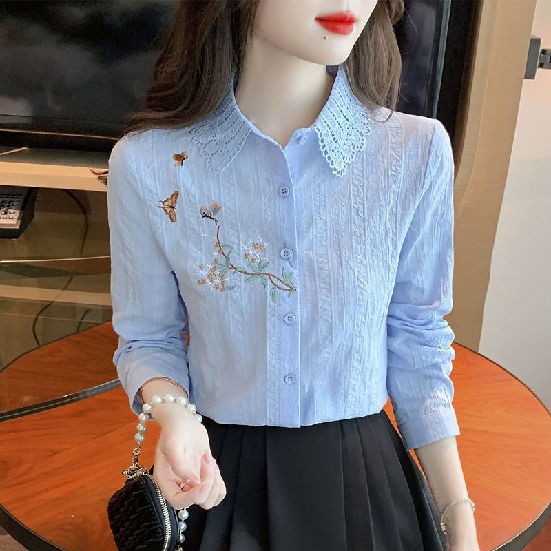 春秋装2025新款时尚刺绣纯棉加绒衬衣女长袖全棉衬衫女士洋气上衣