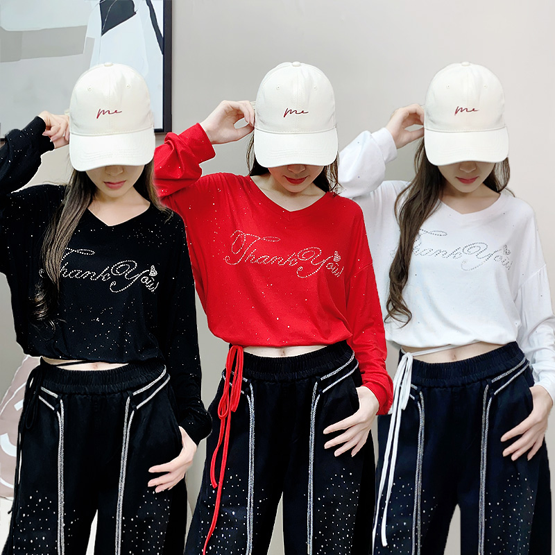 广场舞上衣宽松洒金面料秋季新款高弹莫代尔螺纹棉抽绳时尚长袖