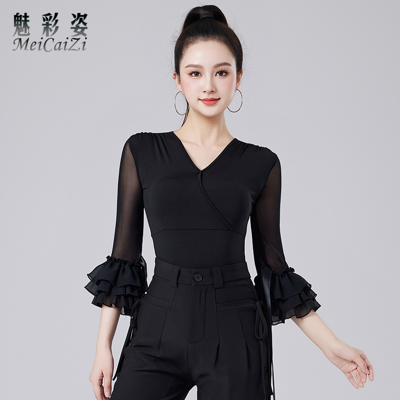 舞服2025新款网纱中袖拉丁舞上衣时尚V领交谊舞服国标形体训练服