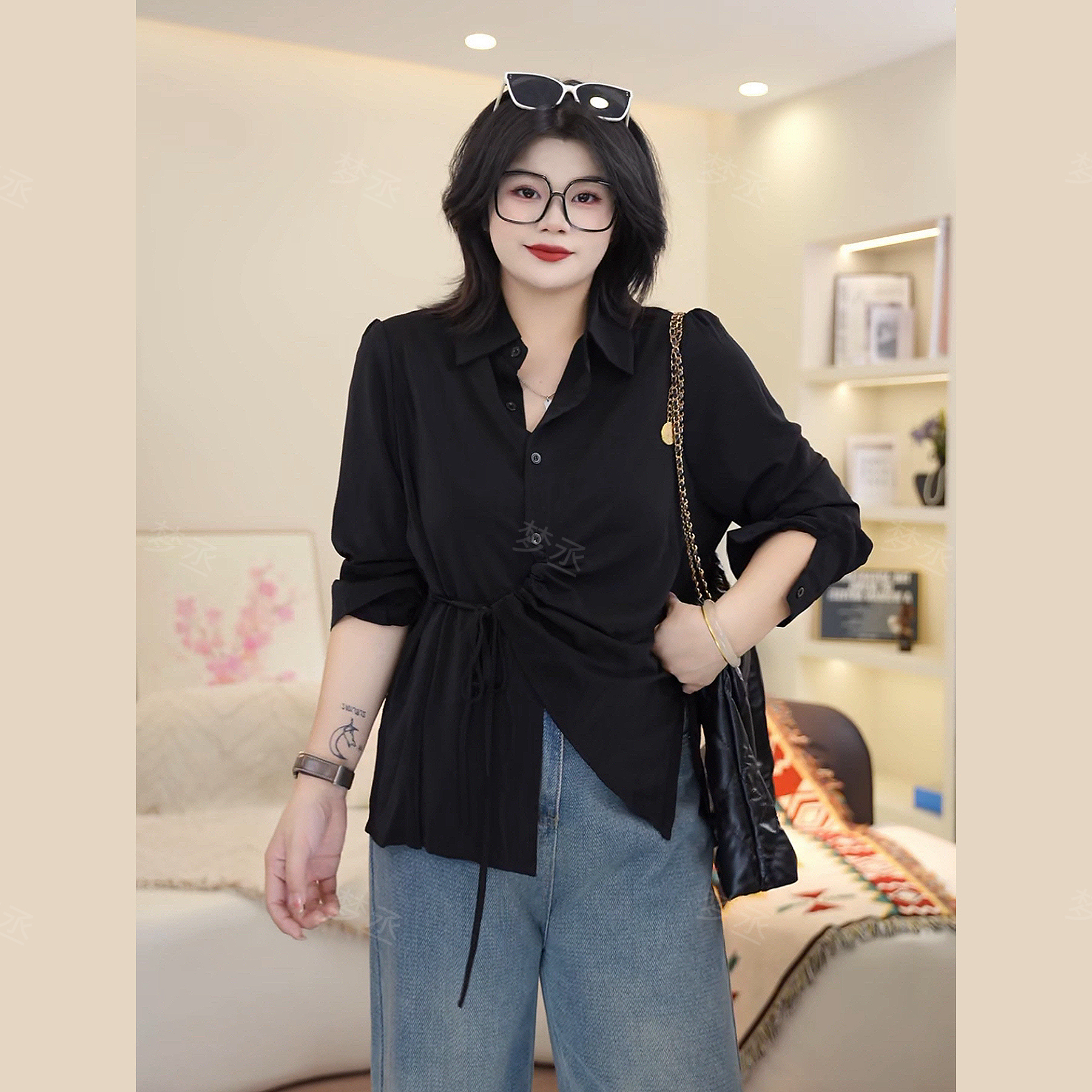 梦丞-秋冬胖mm大码女装柔软宽松显瘦时尚百搭纯色系带长袖衬衫