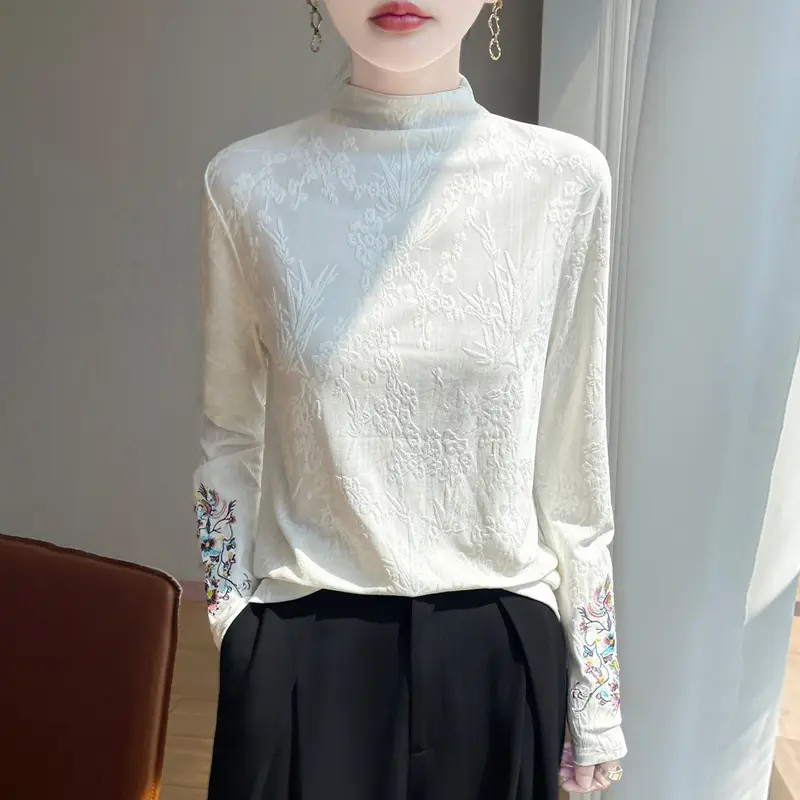 国风刺绣长袖秋冬半高领提花薄款打底衫复古绣花针织百搭上衣显瘦