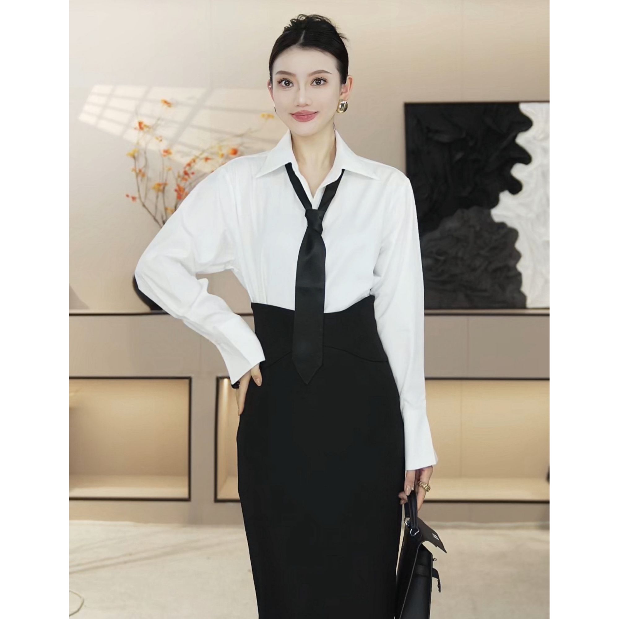 【都会光影】2025秋季翻领长袖衬衫高腰半身裙时尚套装HBZW800003