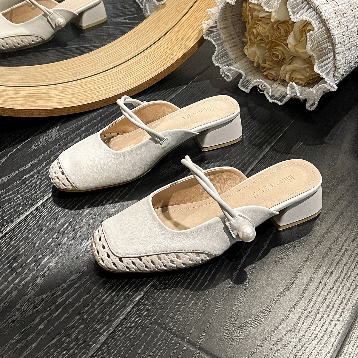 真皮时尚2025夏季新款编织镂空透气懒人包头半拖鞋女夏外穿穆勒拖