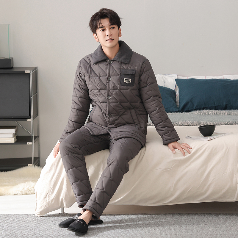睡衣男冬季加绒加厚三层羽绒夹棉可外穿保暖珊瑚绒棉袄家居服套装