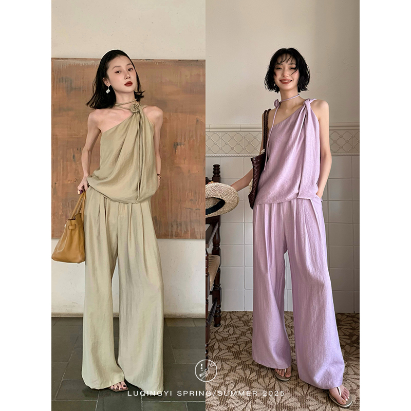 鹭青一原创【了无闲】法式慵懒风斜肩上衣休闲裤套装 L25G3239KA