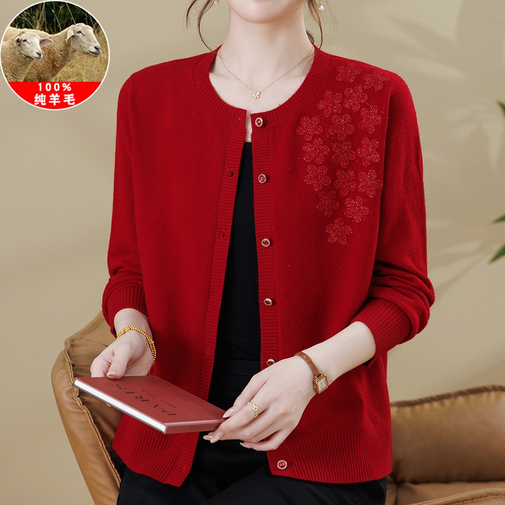 妈妈绣花开衫毛衣100%纯羊毛衫中老年人秋冬季新款时尚针织外套女