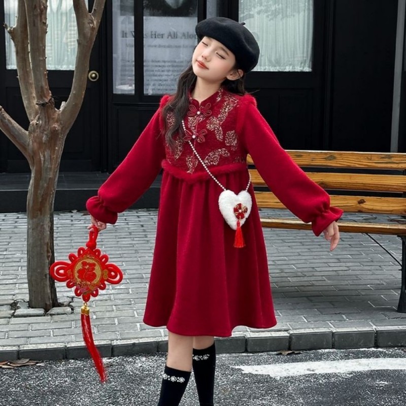 女童秋冬汉服连衣裙加绒儿童旗袍过年装新年裙子女孩拜年服公主裙