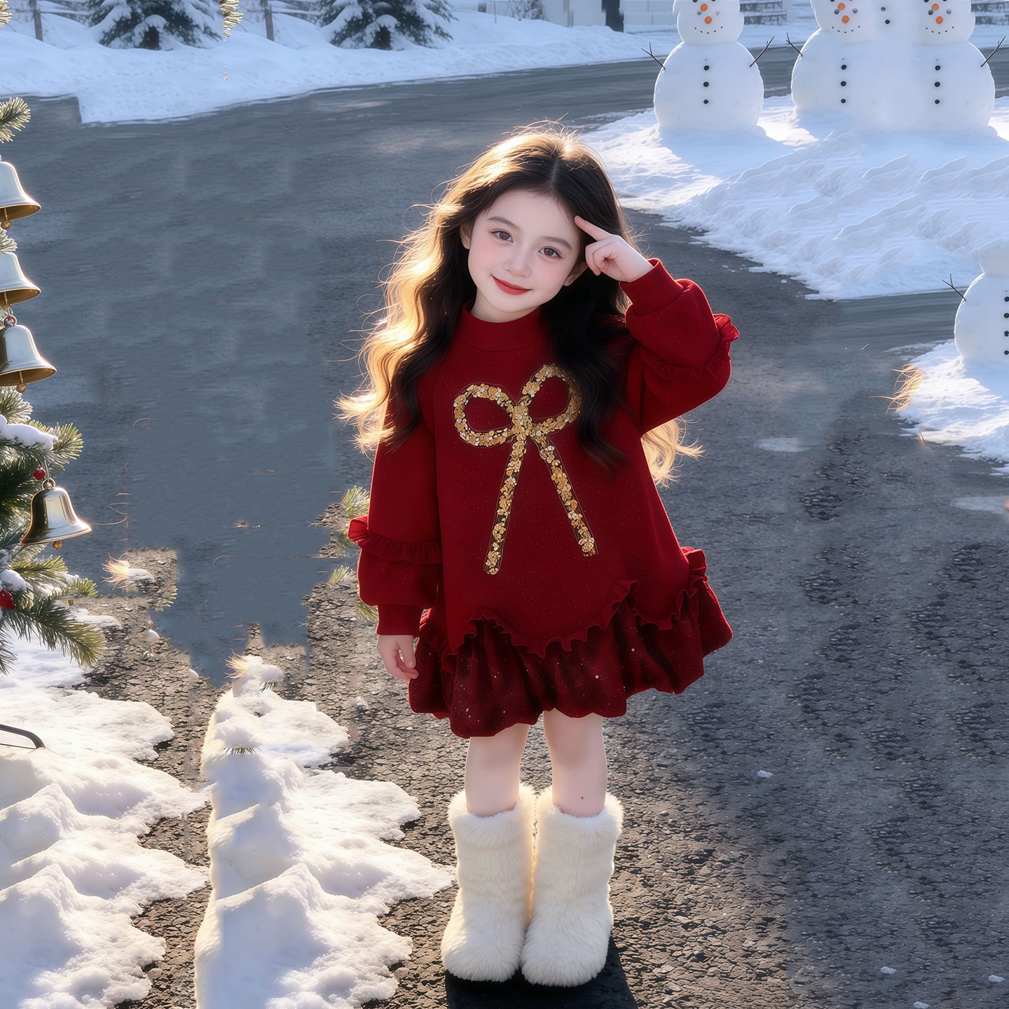 女童冬款连衣裙2025年新款韩版加绒卫衣裙子女宝宝红色针织拜年服