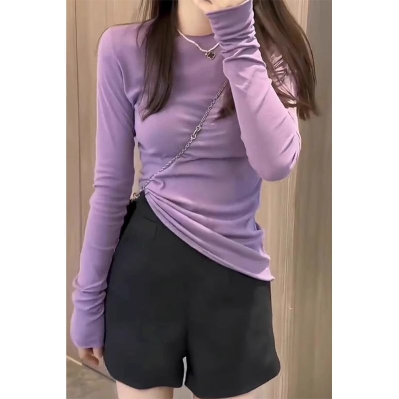 甜美减龄纯色圆领长袖针织衫T恤女秋冬新款时尚百搭修身显瘦上衣