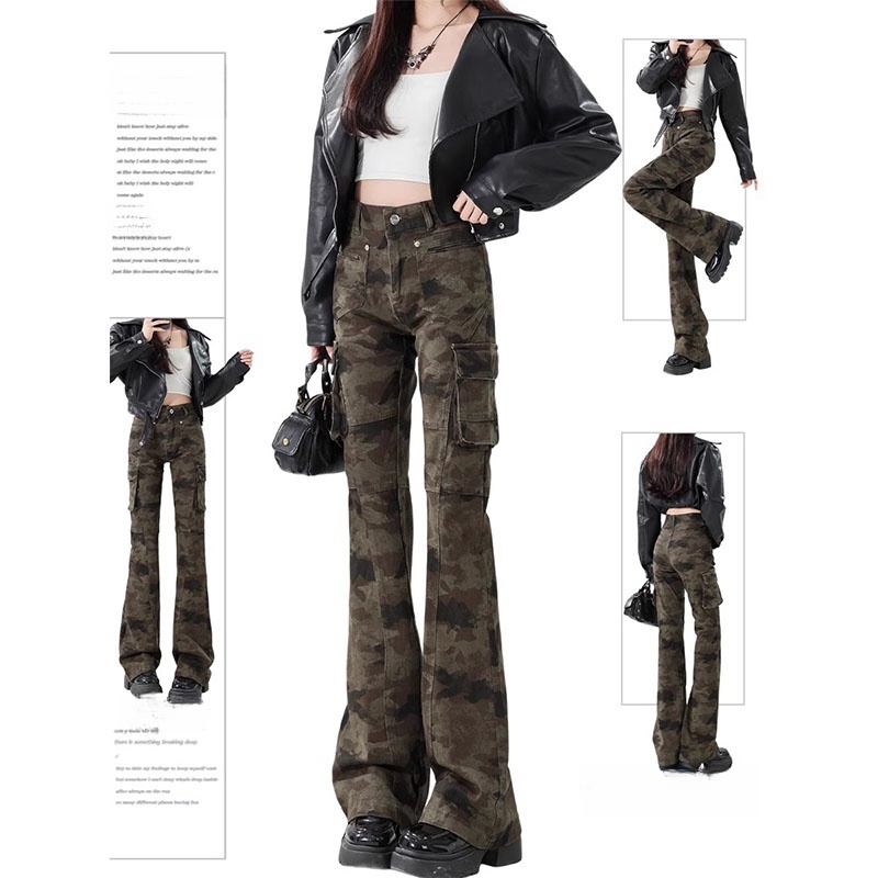 大码复古高街迷彩工装微喇牛仔裤女春季2025新款设计高腰修身长裤