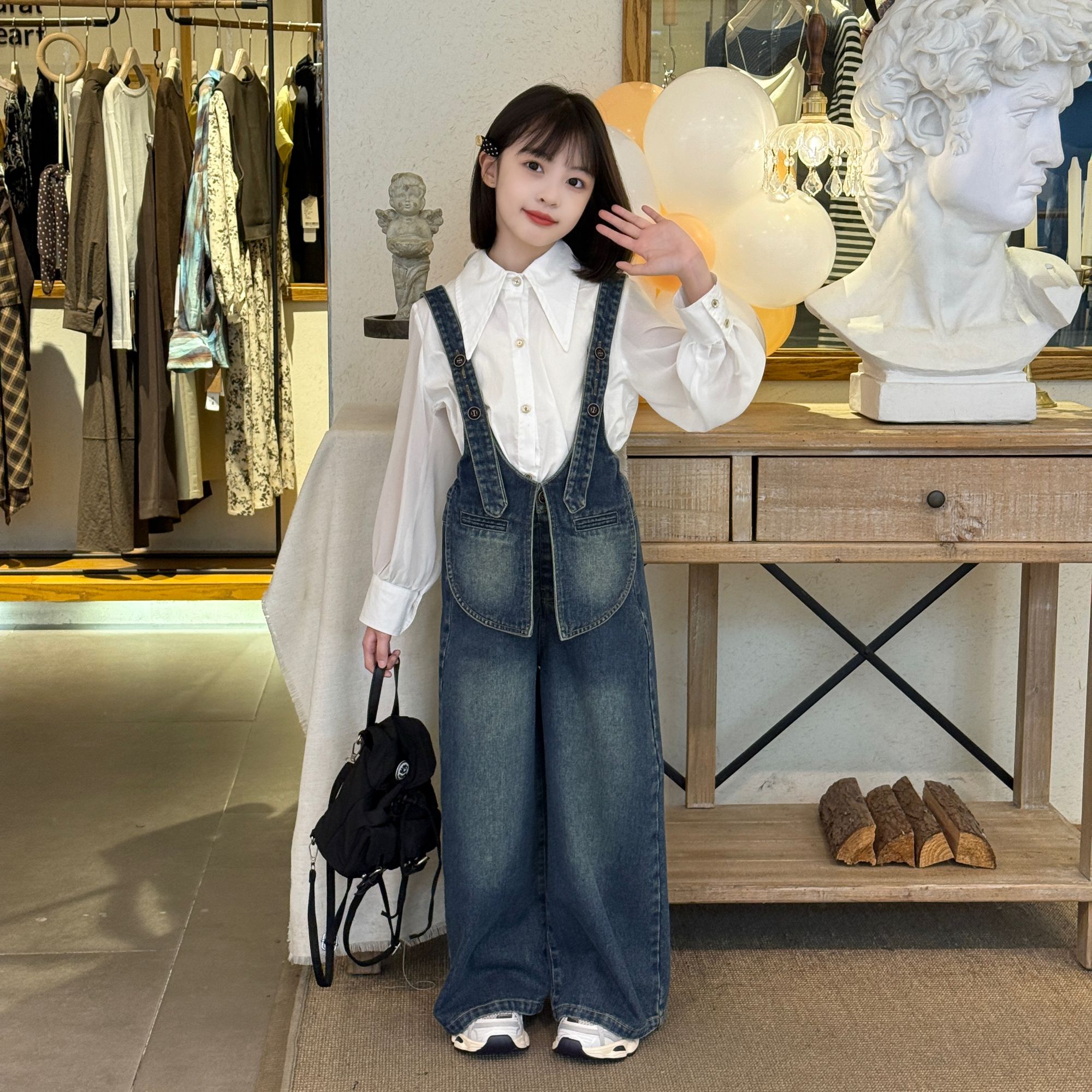 高级感细纱衬衫博士牛仔背带裤2025女童春秋POLO领衬衫牛仔背带裤