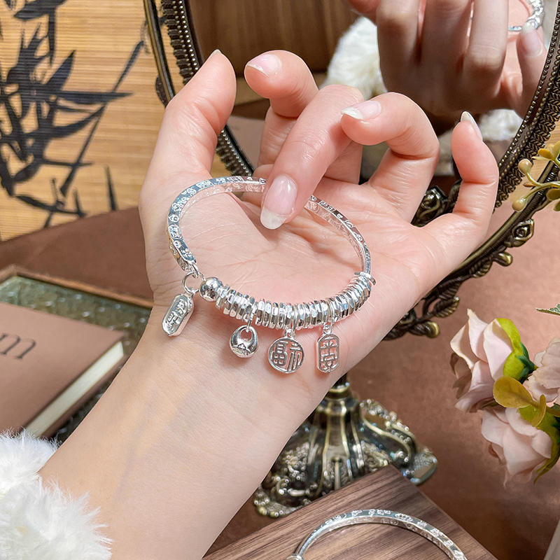 足银珐琅手镯 足银999.9吉言盘缠纯银手镯女礼物南瓜头足银镯子