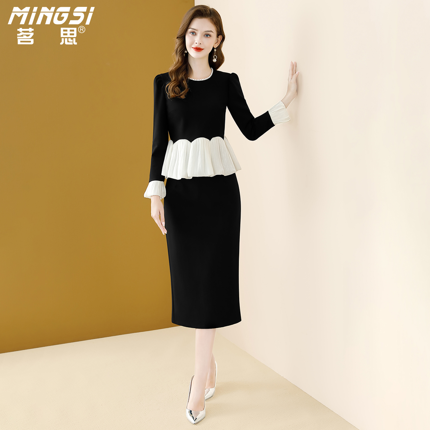 茗思时尚高级感套装裙2025秋装新款拼接撞色上衣开叉包臀裙两件套