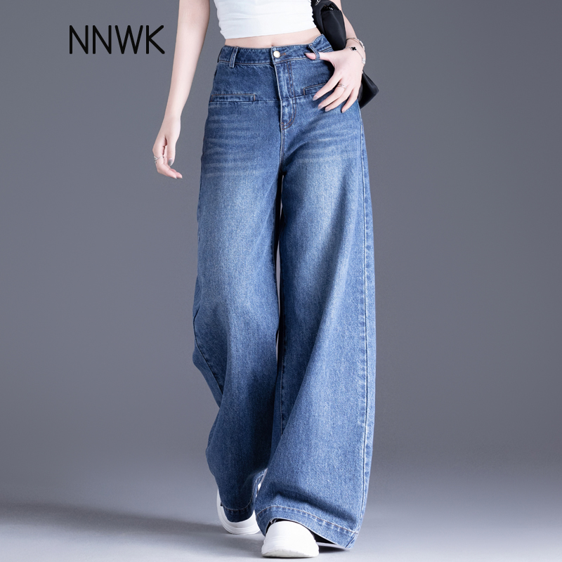 春秋季薄款亚麻牛仔裤女宽松阔腿裤莱赛尔垂感显瘦裤子女高腰长裤