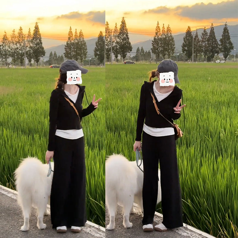 2025秋季新款设计感韩系慵懒时尚假两件连帽卫衣高腰休闲裤两件套