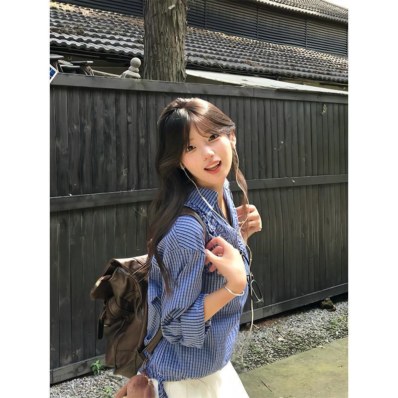 早秋miu里miu气学院风穿搭条纹长袖衬衫上衣女搭配百褶半身裙套装