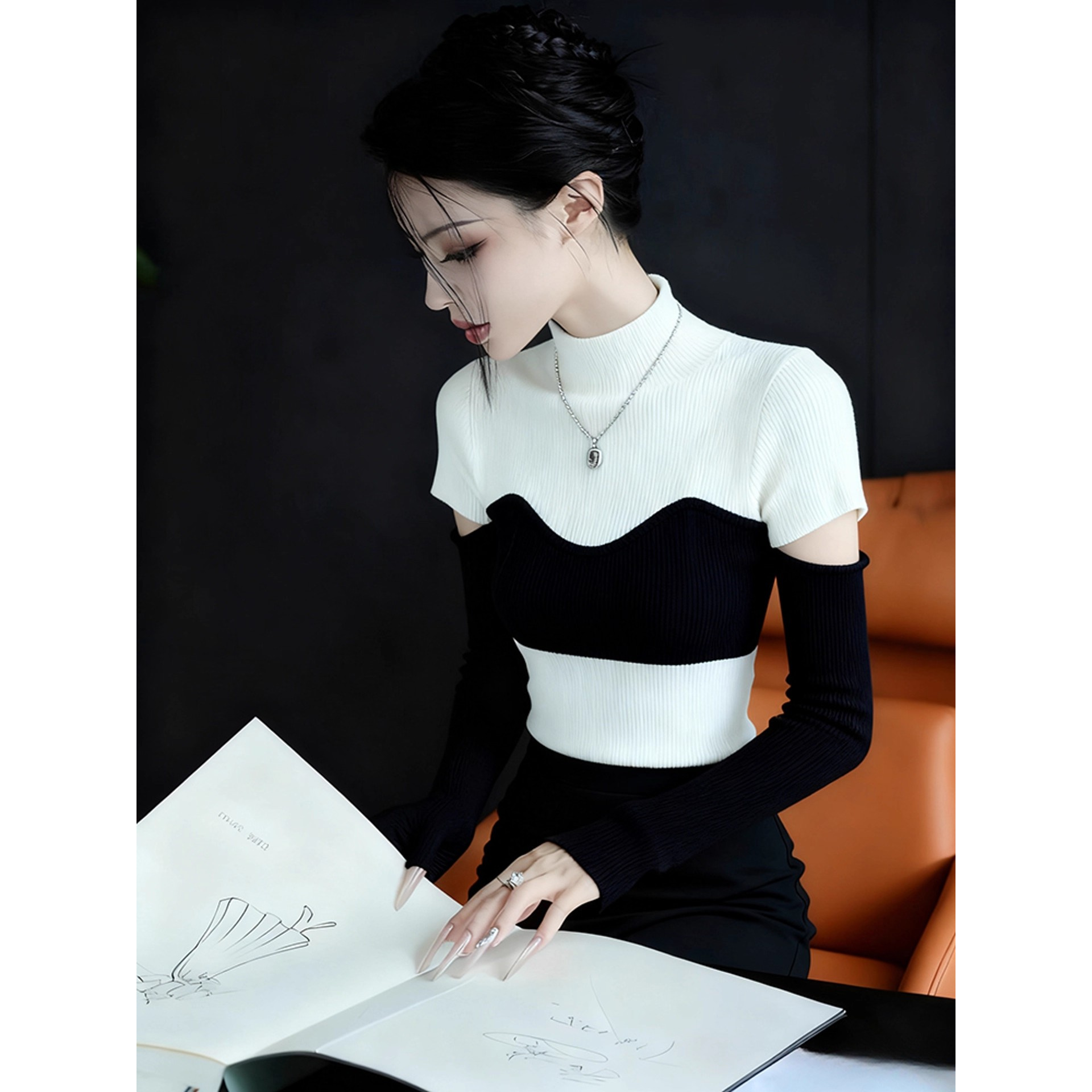 复古撞色高领针织打底衫女秋冬季新款设计感内搭修身镂空长袖上衣