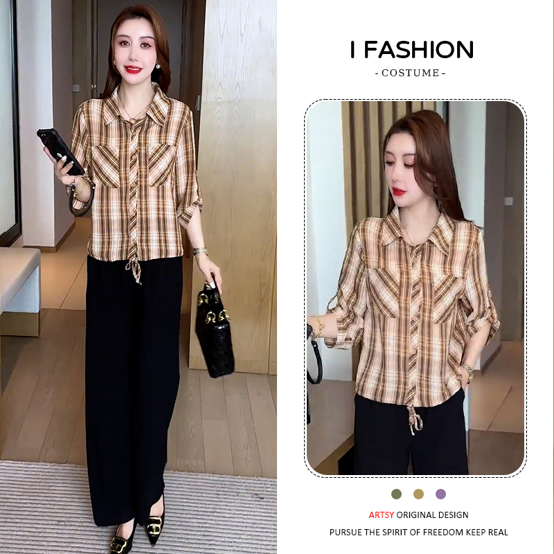 时尚气质格子纽扣拼接短袖衬衫女2025年春秋季新款减龄时髦上衣潮