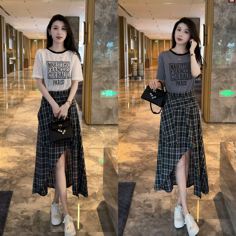 夏季新款时尚减龄短袖上衣不规则+格子半身裙子套装套装
