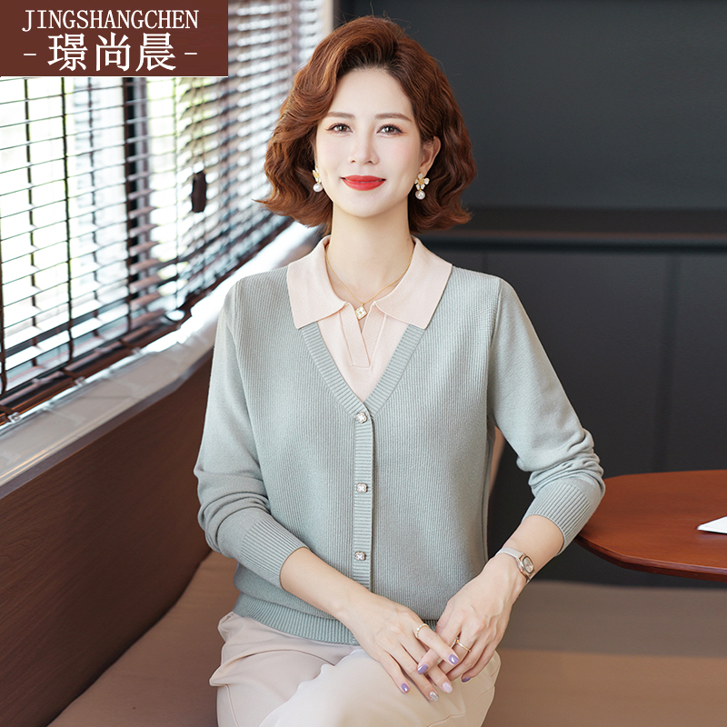 妈妈春秋装打底衫翻领上衣服40-50岁中老年女新款长袖T恤针织小衫
