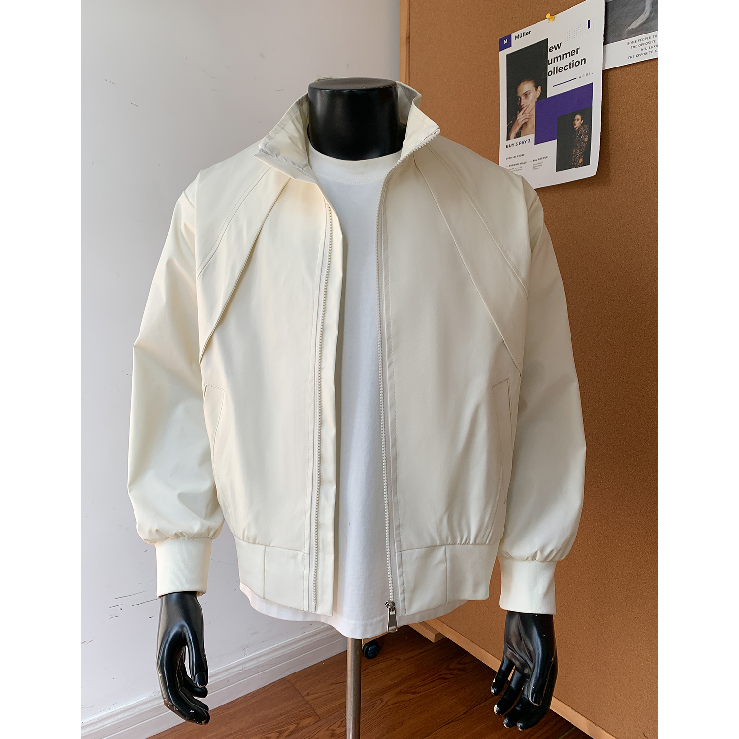 美式三防立领夹克男秋季新款复古米白色工装外套解构廓形百搭上衣