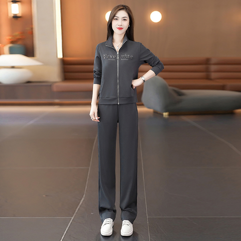 拉夏贝尔2025新款春秋休闲运动服套装女时尚立领卫衣直筒裤两件套