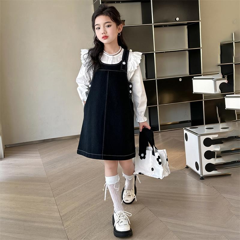 女童春秋款连衣裙2025秋季新款女大童洋气儿童衬衫牛仔背带裙套装