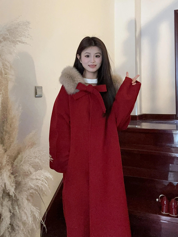 圣诞新年 古着氛围感红色长款呢子大衣女冬季毛领蝴蝶结毛呢外套