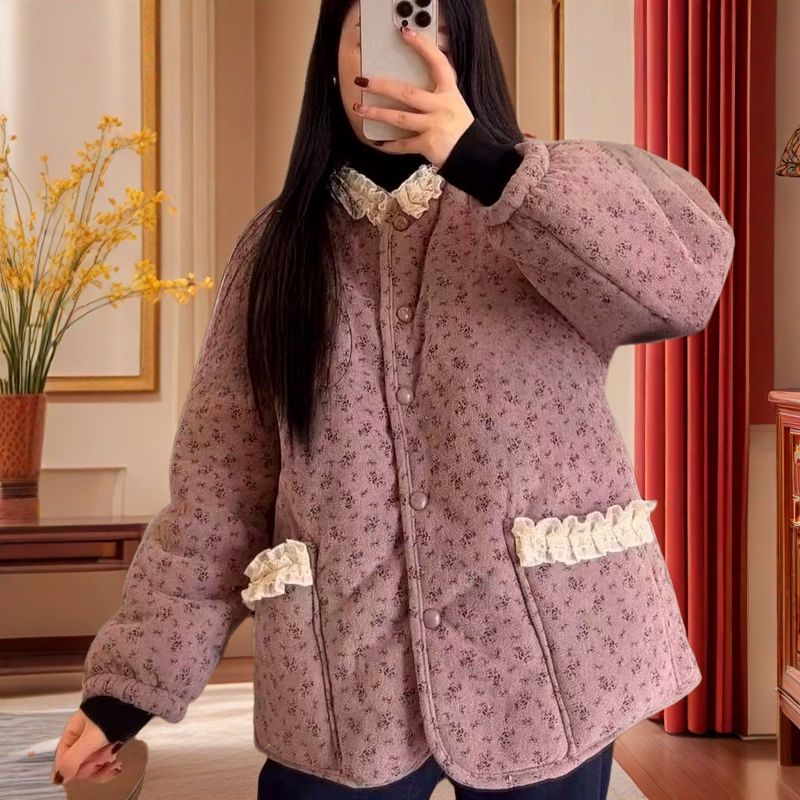 抗寒零下15度冬季女士三层夹棉加厚碎花圆领花家居服适合外出休闲